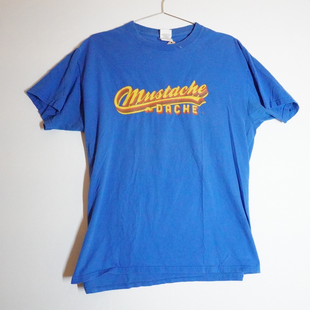 Fruit of the Loom Mustache Dache Graphic T-Shirt Blue Mens Large Retro Novelty